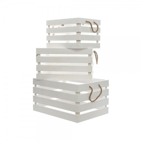 Caja de madera con asa de cuerda set de 3 unidades color blanco
