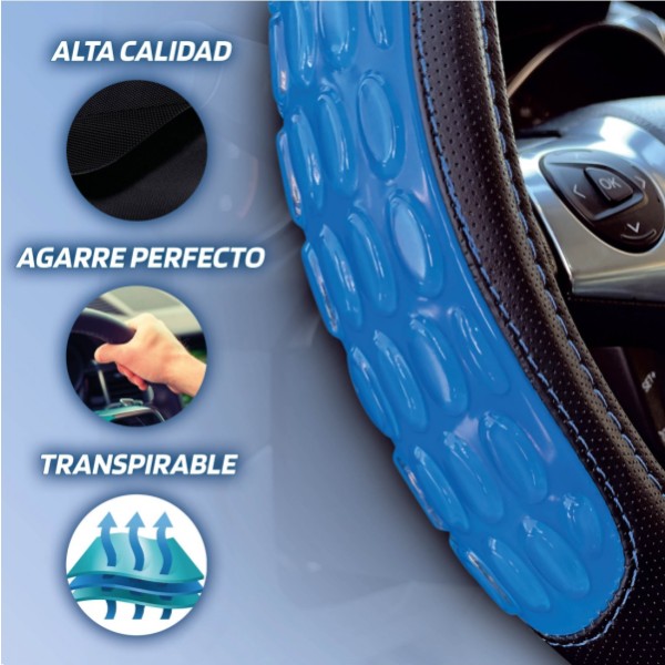 Volante Coche Universal Modelo Blue Gel Color Negro Azul Poli Piel 37-39 cm con Gel Antideslizante Transpirable