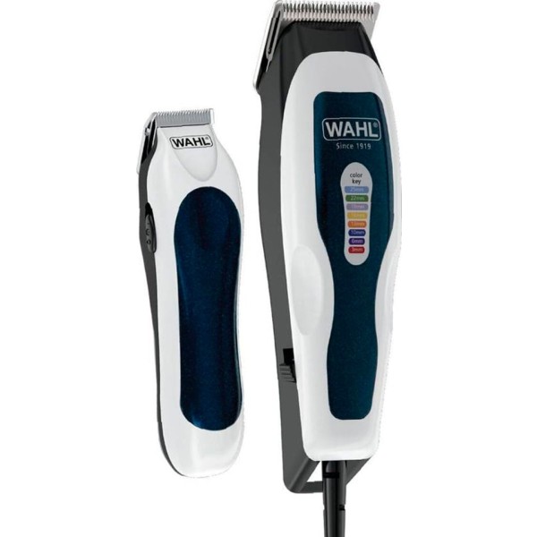 Wahl color pro combo blanco y azul / kit cortapelos + recortadora mini + 8 peines